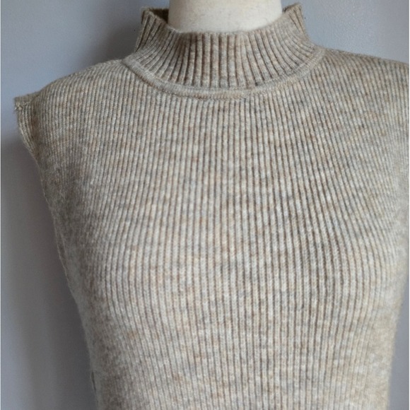 LOFT Beige Mock Neck Wool Ribbed Sleeveless Sweater Vest One Size Large Preppy - Picture 4 of 11